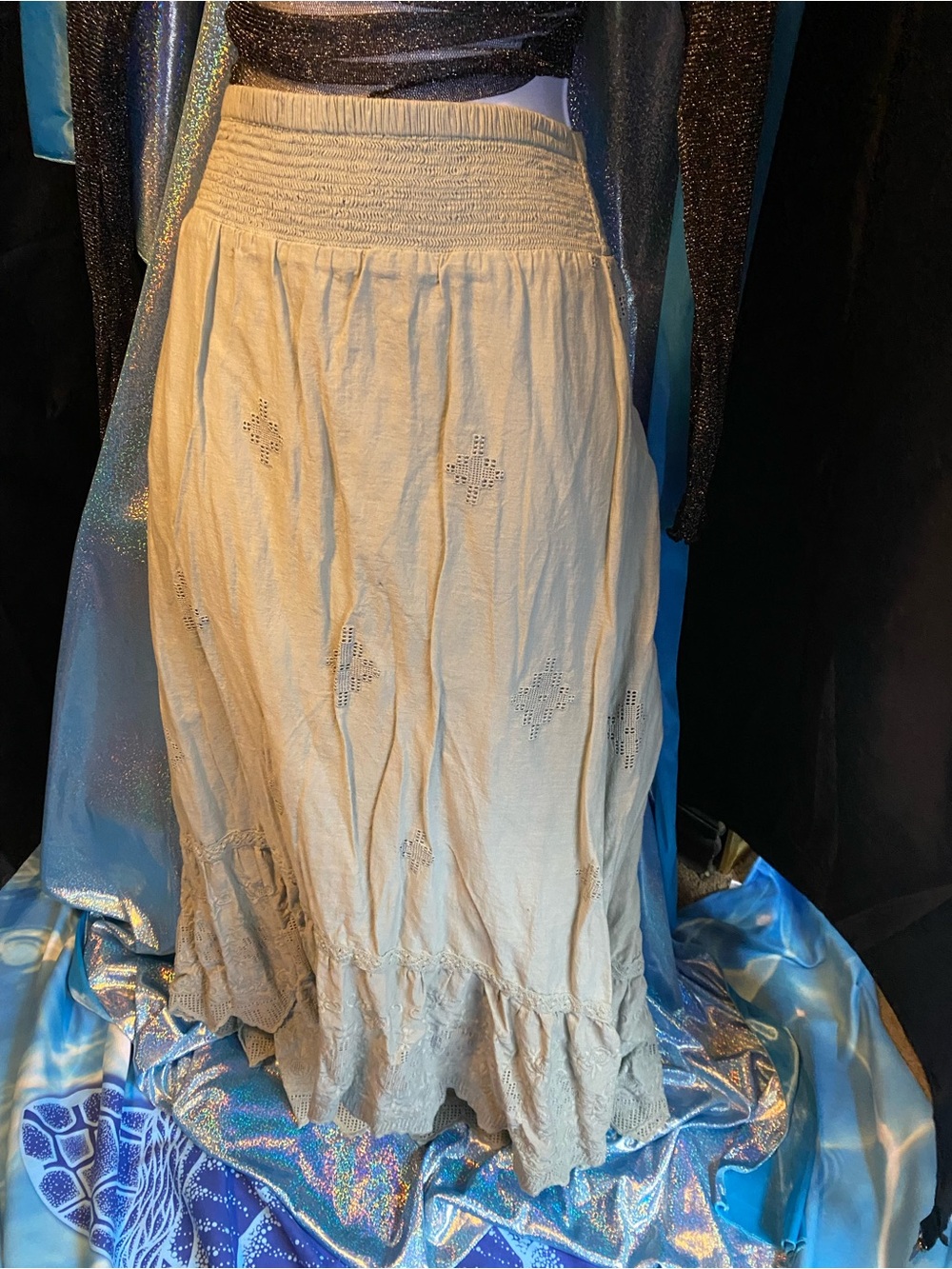 Soft Surroundings Pale Blue Boho StylSmocked Waist Maxi Skirt w/ Eyelet Detail